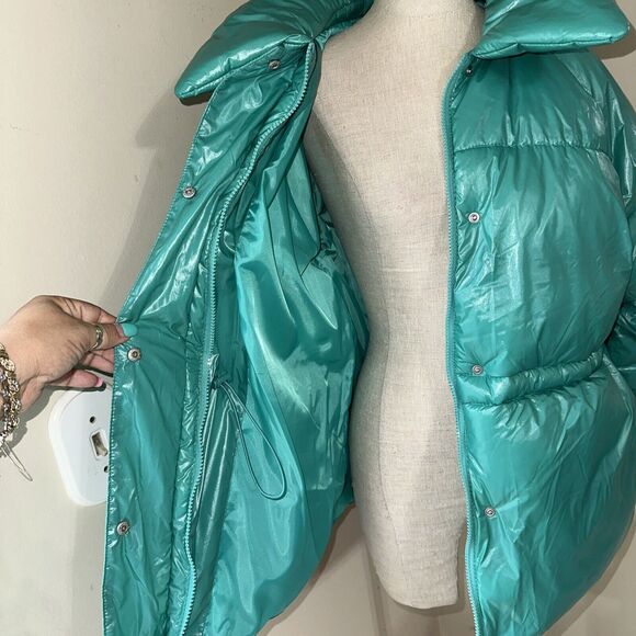 A New Day Women's Green Mid Length Puffer Coat Zip Snap Collared Size Large EUC - Picture 14 of 16
